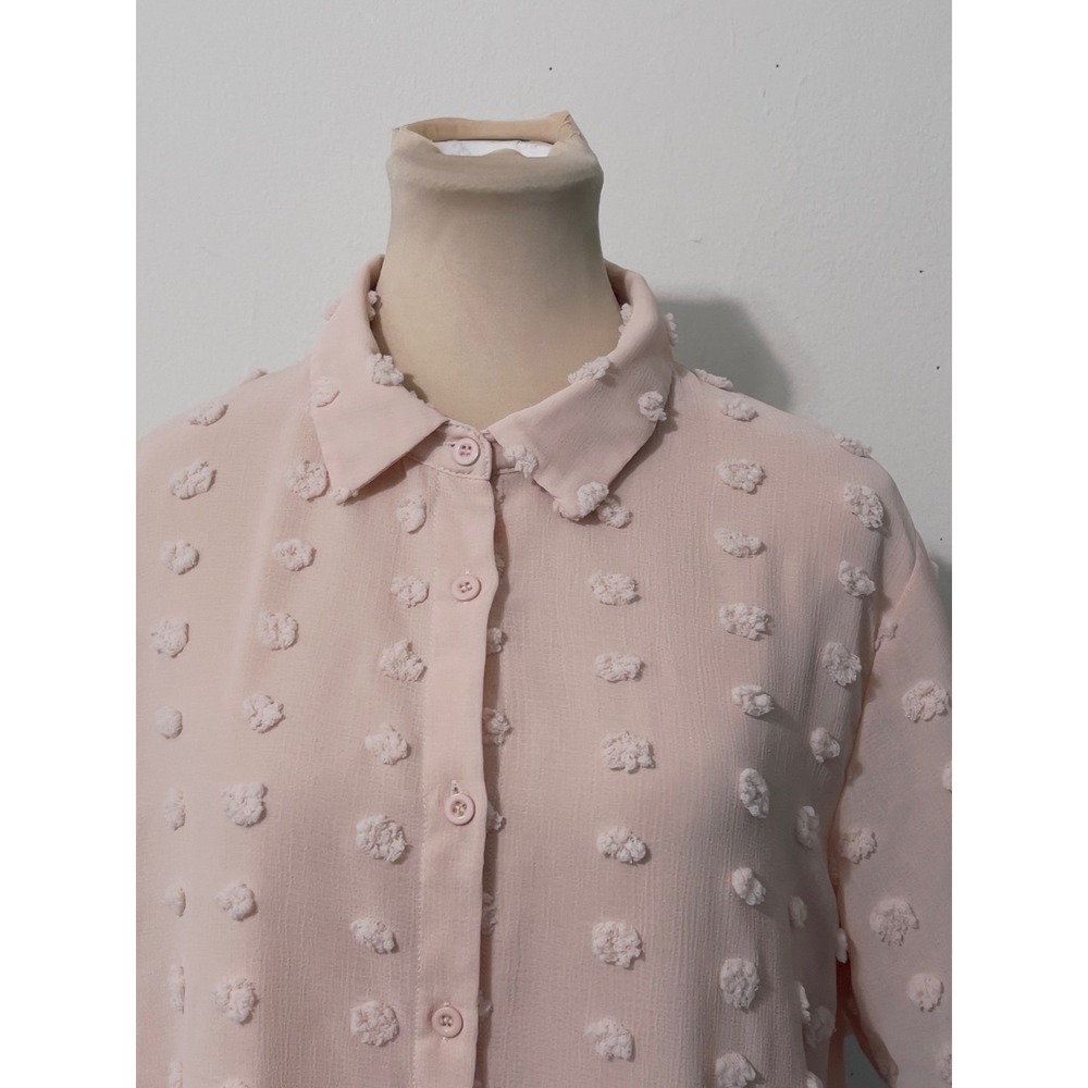 Women Short Sleeve Pom Pom Button Down Blouse Pink Size L Chic Feminine Airy - Picture 2 of 5